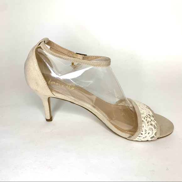 Nanette Lepore Ankle Strap Sandal ‘Beauty’ Heel Crochet Detail Faux Suede Tan 8 - Picture 2 of 14